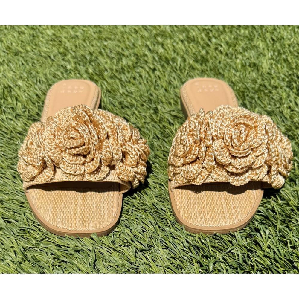 A New Day Women's Size 8 Gold Floral Crochet Slide Sandals Square Toe 3258